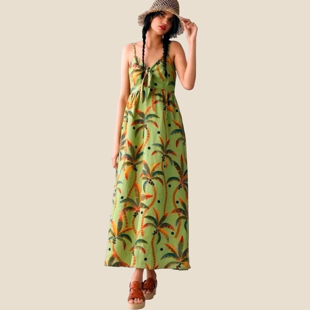Farm Rio Anthropologie Maxi Dress SZ M Green Palm Tree Excellent Tie Front Boho